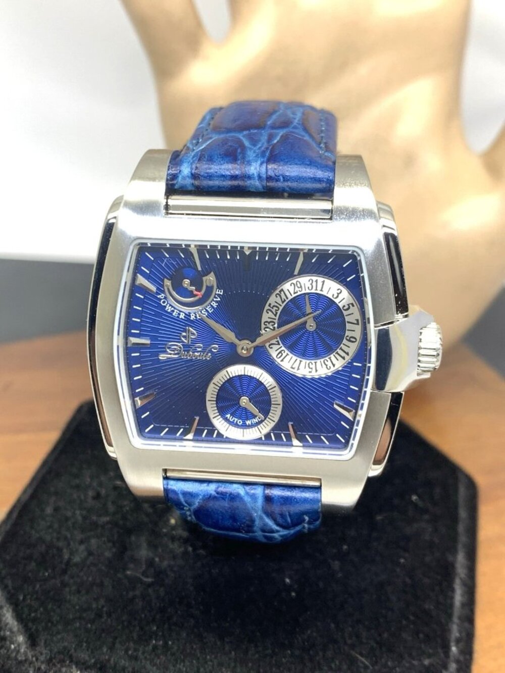 Duboule Men's Watch 2489-3 Automatic Blue Dial Power Reserve Leather Strap 40mm